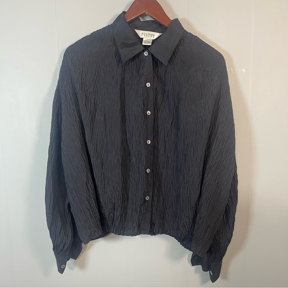 Allison Taylor Black Silk Button-Up Blouse Crinkle Texture Long Sleeve Office L